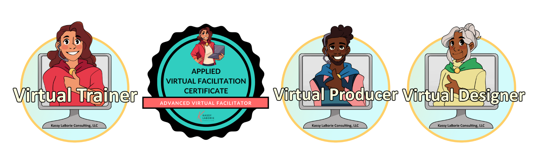 Four badges: Virtual Trainer Applied Virtual Facilitation Certificate Virtual Producer Virtual Designer